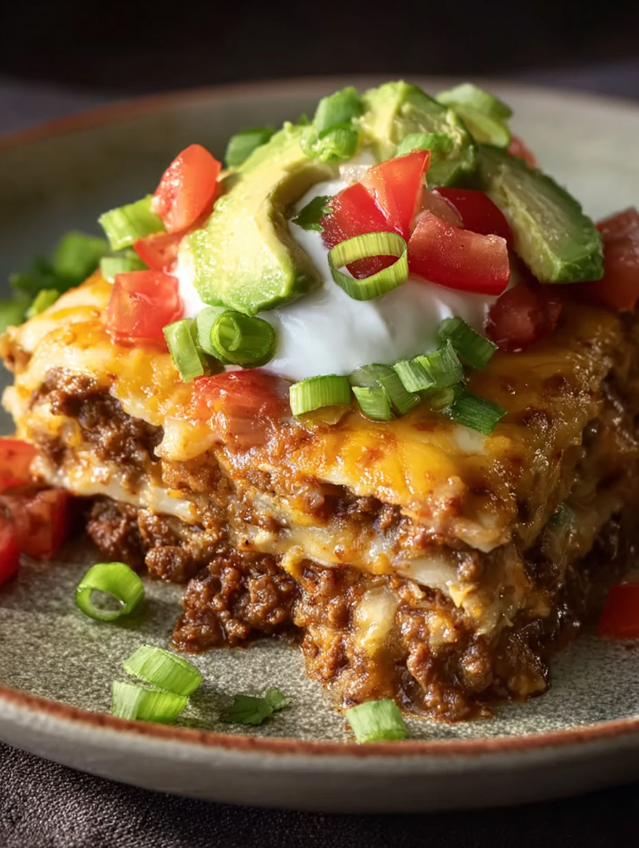 A plate of food with a cheesy taco lasagna dinner.