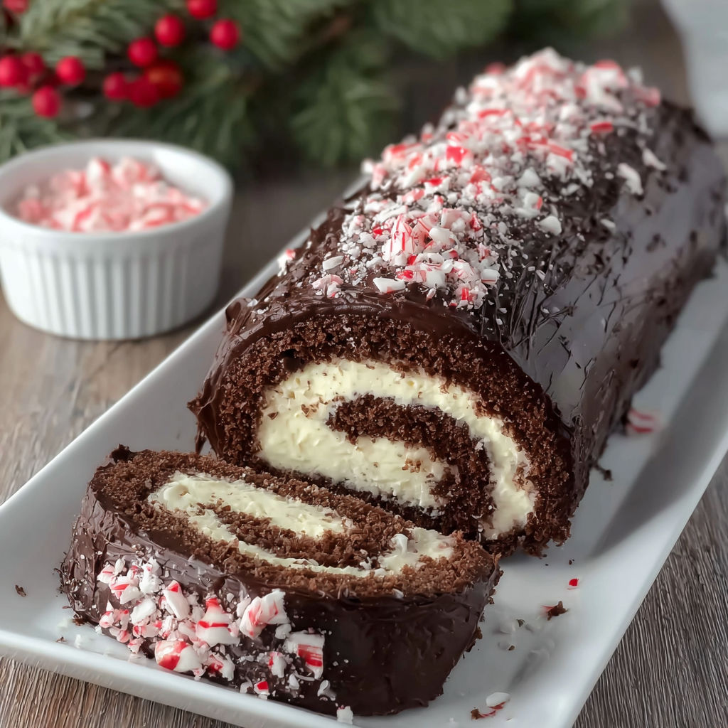 A peppermint ganache swiss roll cake.