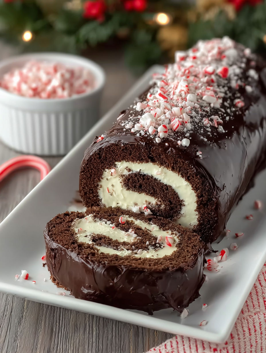 A chocolate cake with white frosting and red and white sprinkles.
