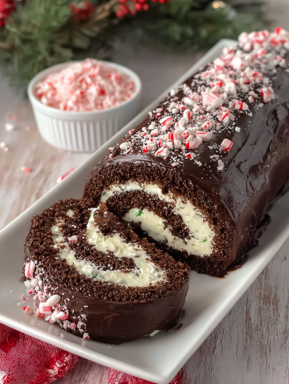 A peppermint ganache swiss roll cake.