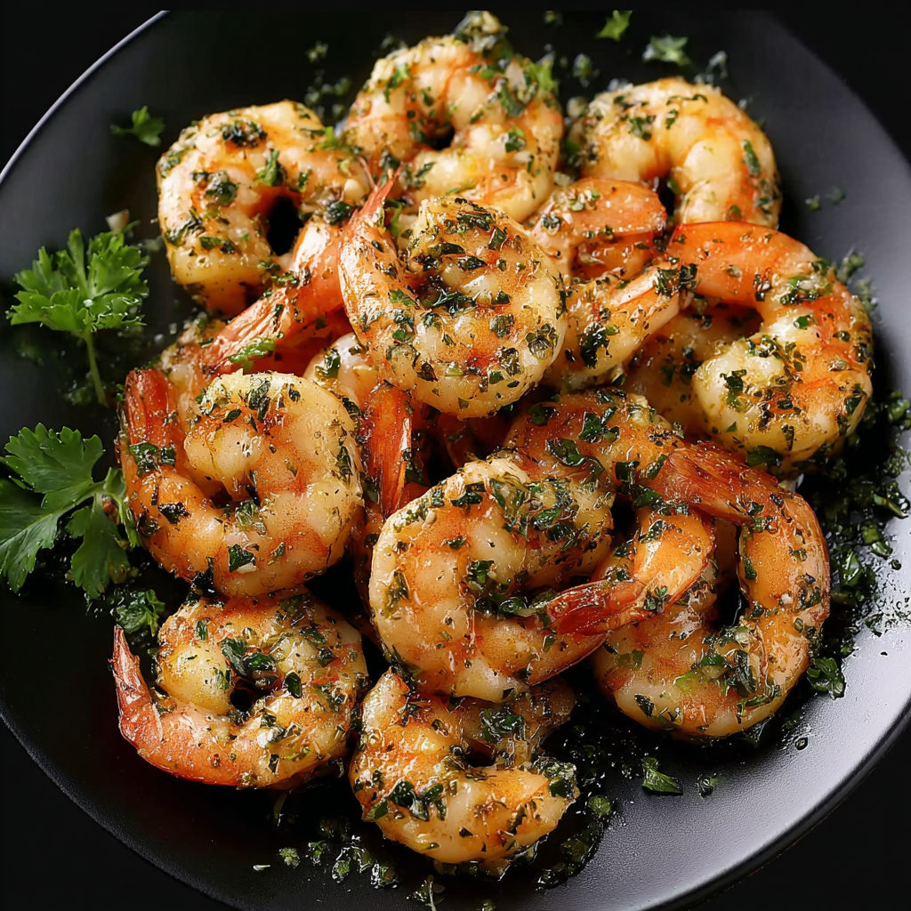 A plate of shrimp with garlic and herbs.