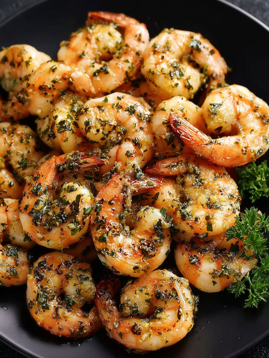 A plate of shrimp with garlic herb seasoning.