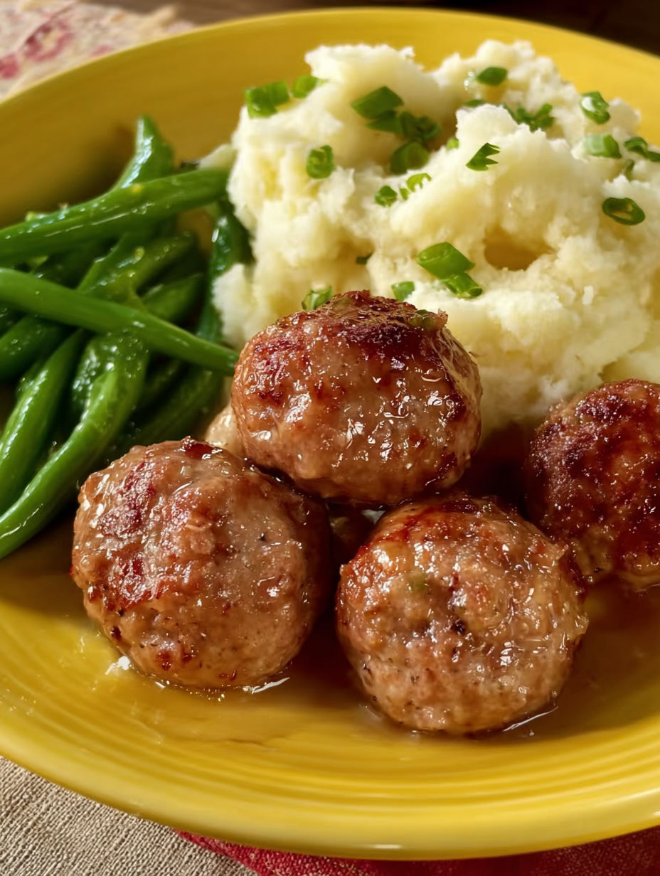 A plate of ham balls and green beans.