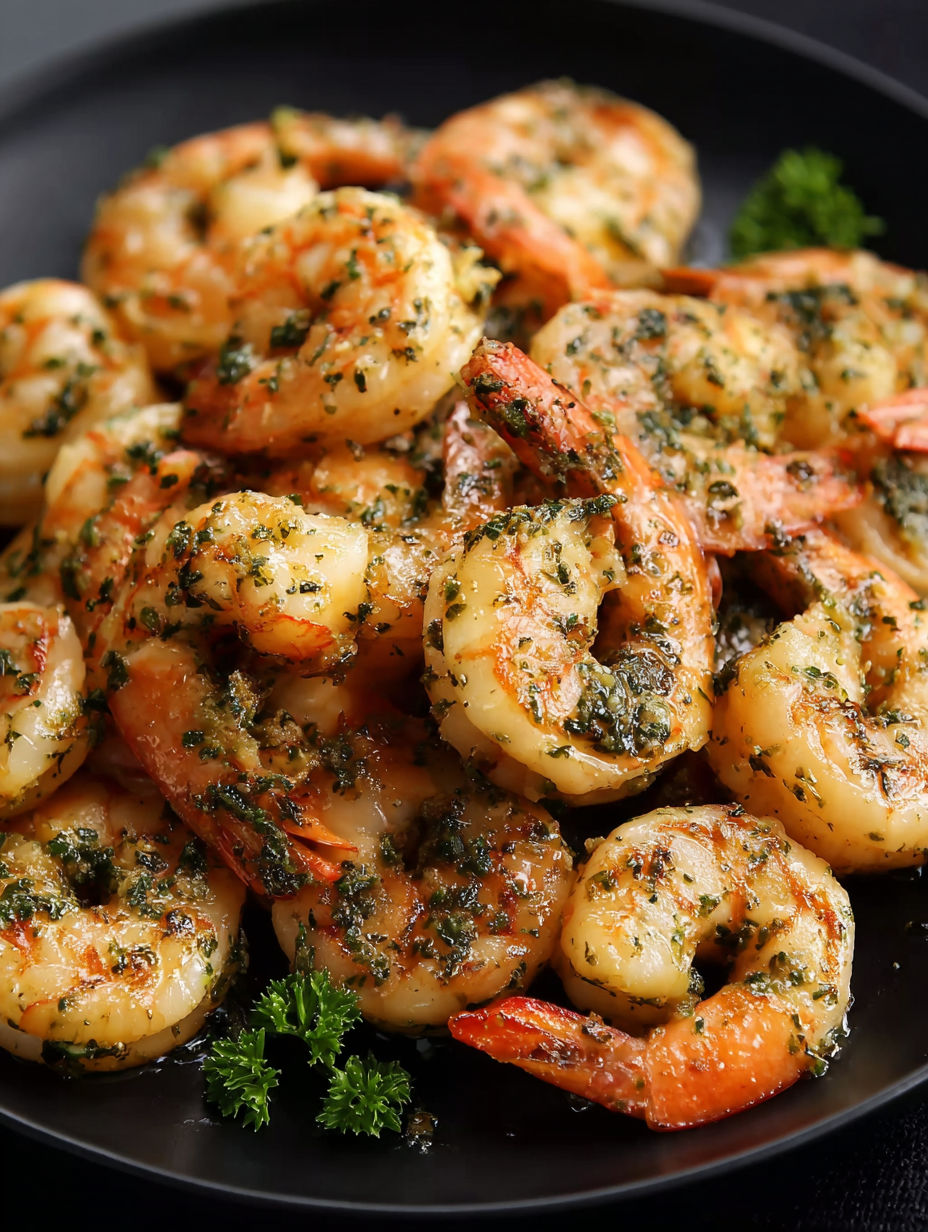 A plate of garlic herb shrimp.