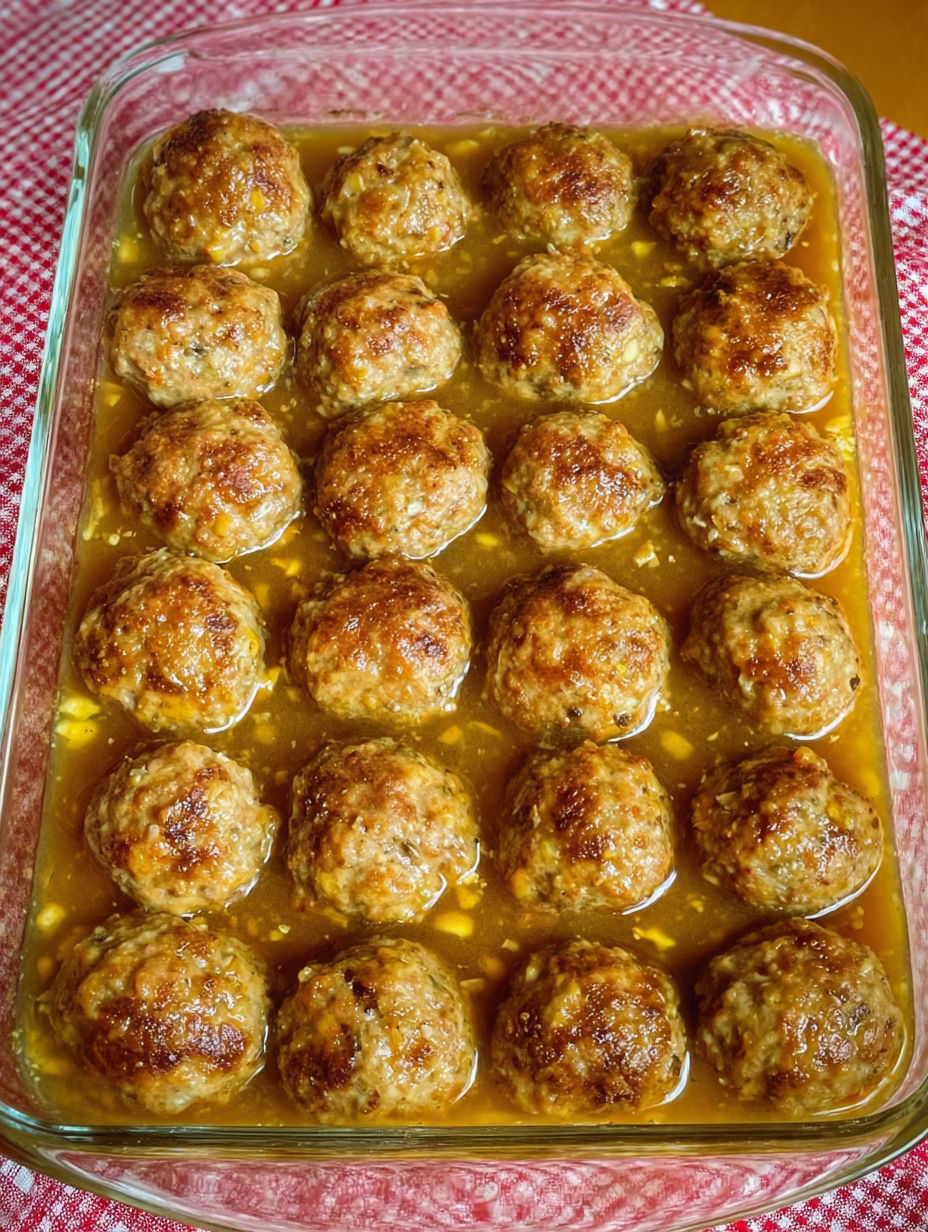 A pan of ham balls in a sauce.