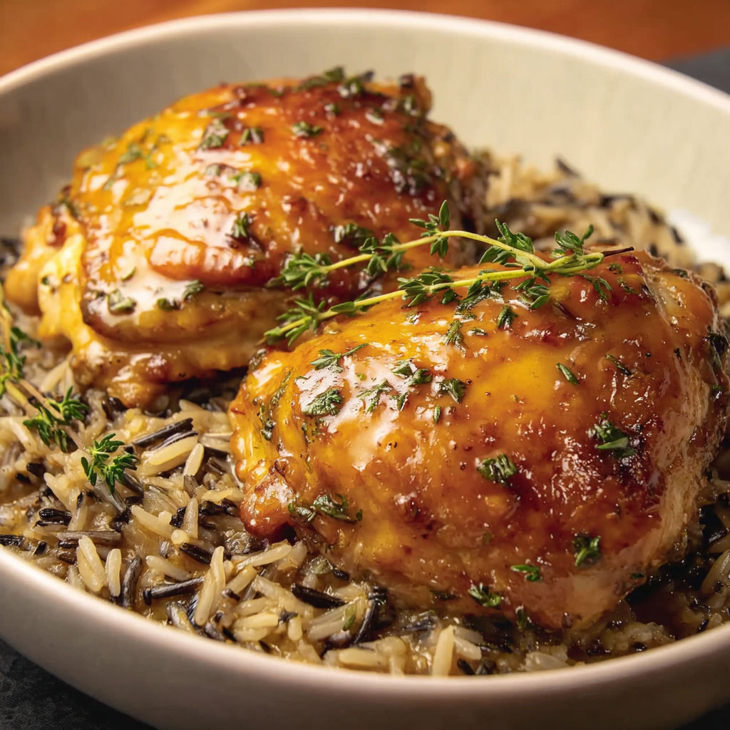 A bowl of rice with two pieces of chicken on top.