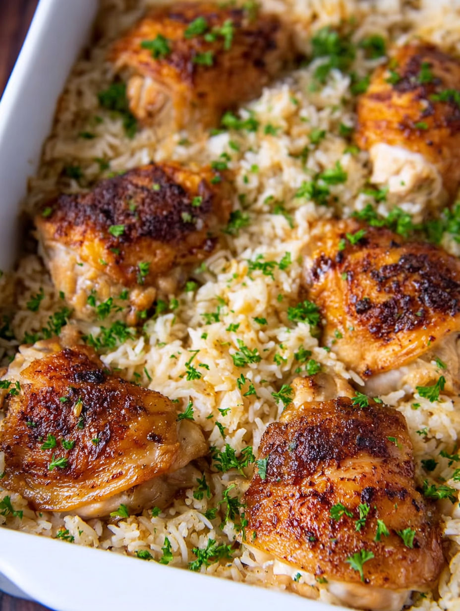 A baked chicken and rice casserole with green herbs on top.