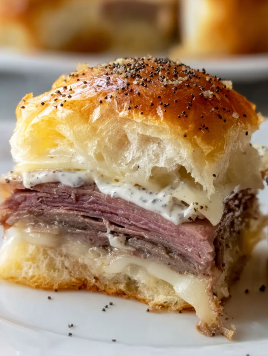 A roast beef sandwich on a Hawaiian roll.