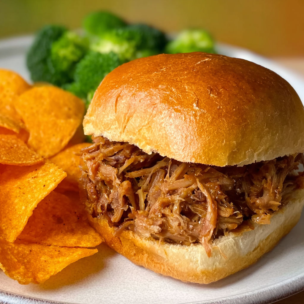 A sandwich with pulled pork on a bun.