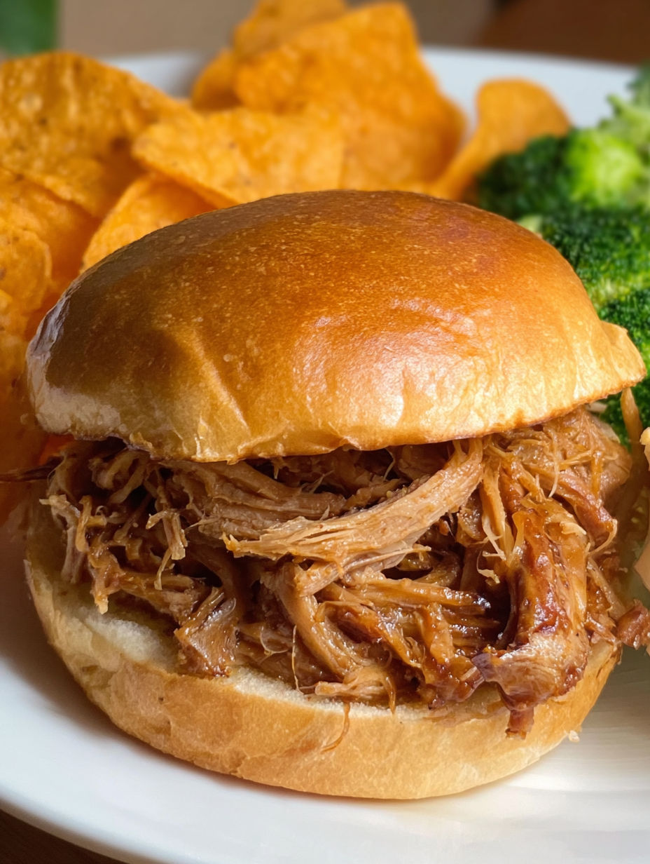 A sandwich with pulled pork and a side of chips.