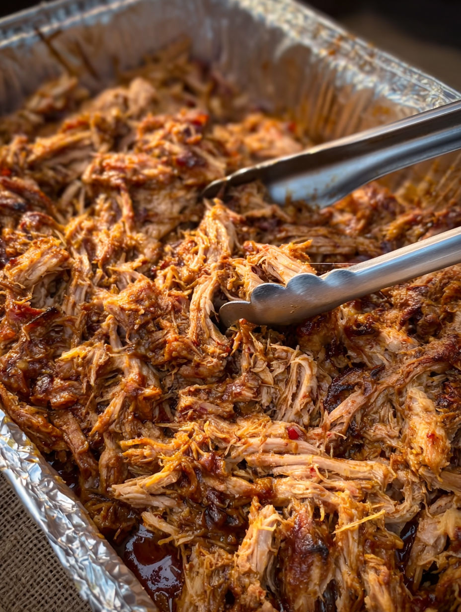 A metal pan filled with pulled pork.