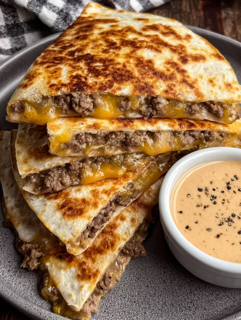 A plate of cheeseburger quesadillas and a bowl of dipping sauce.