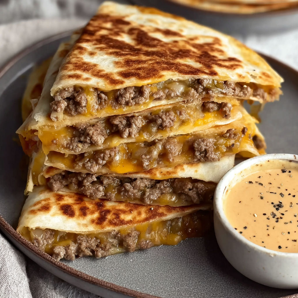 A plate of cheeseburger quesadillas with a bowl of dipping sauce.