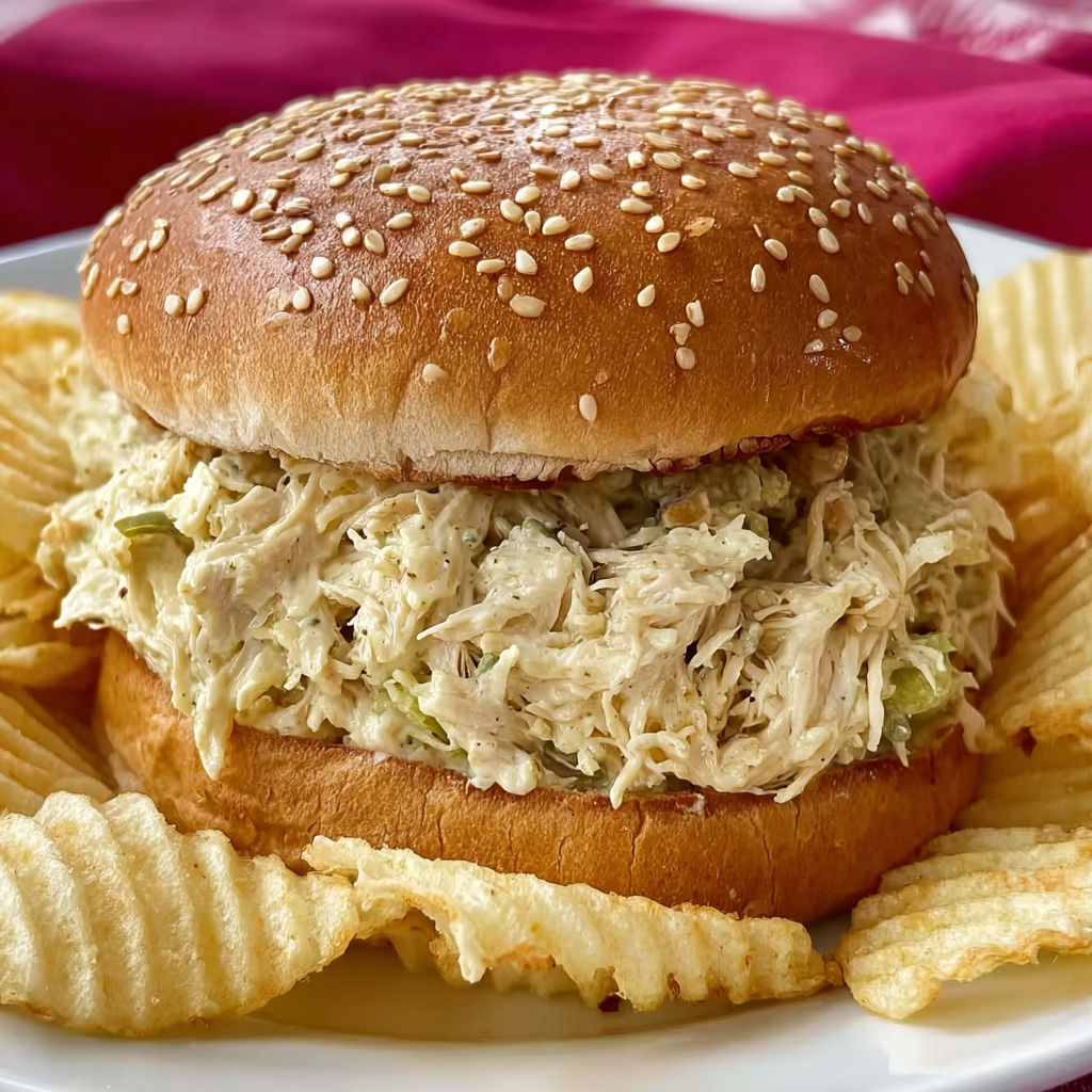 A sandwich with shredded chicken on a bun.