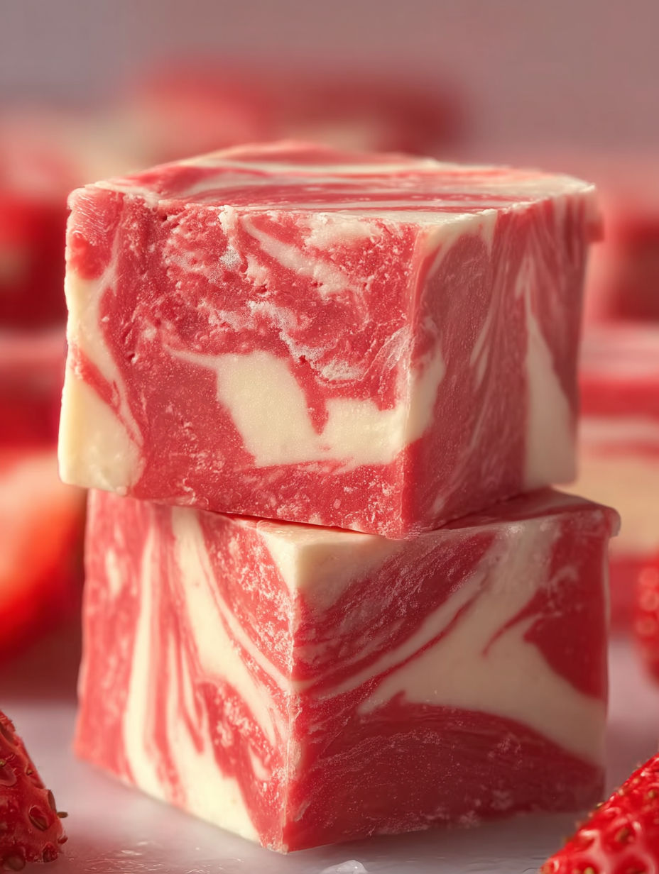 A piece of red meat with a white and red pattern.