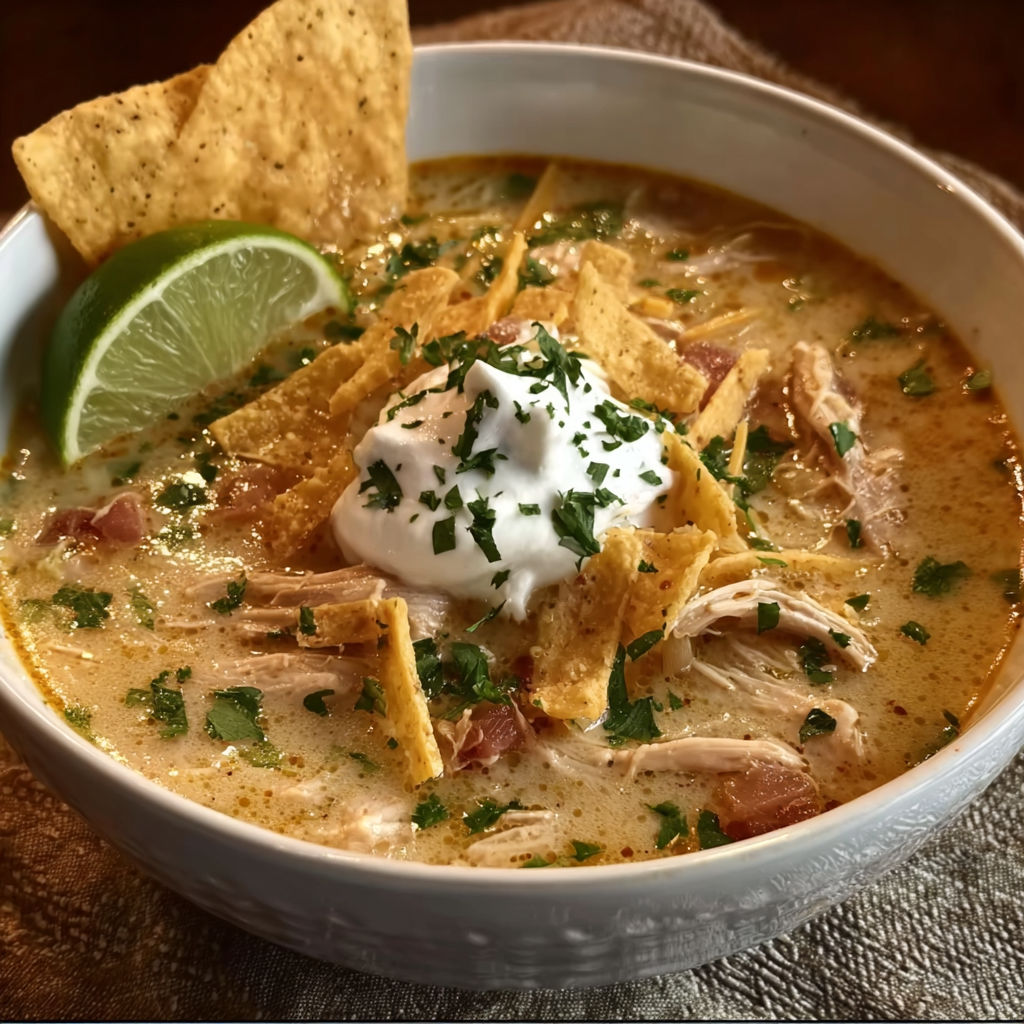 A bowl of chicken tortilla soup with a tortilla chip on top.