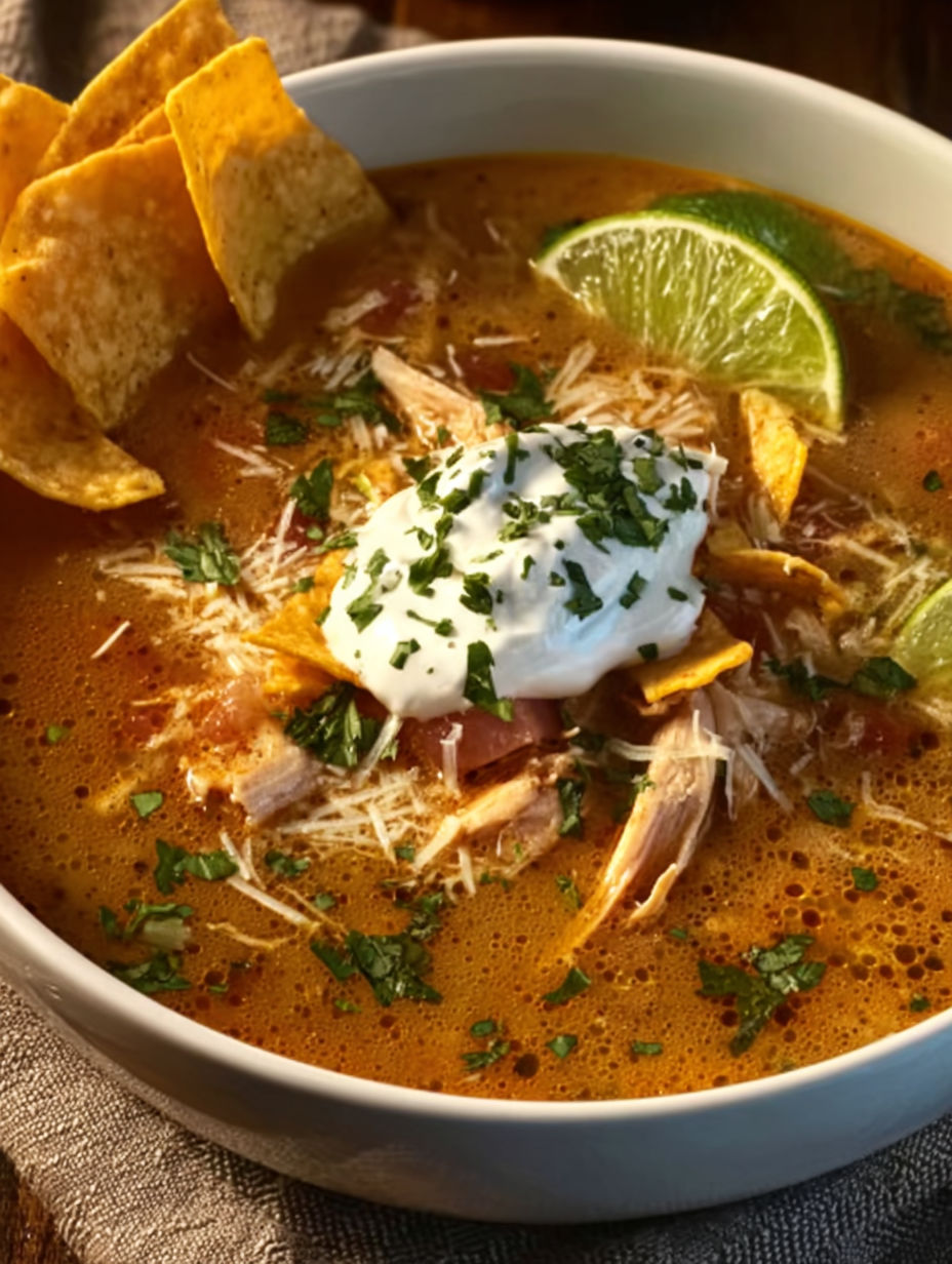 A bowl of chicken tortilla soup with a dollop of sour cream on top.