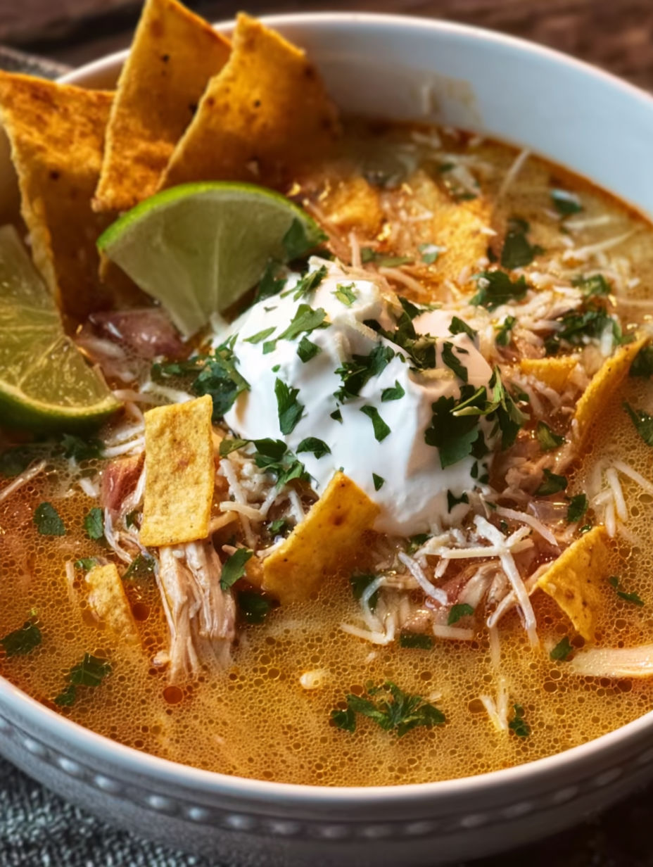 A bowl of chicken tortilla soup with a dollop of sour cream on top.