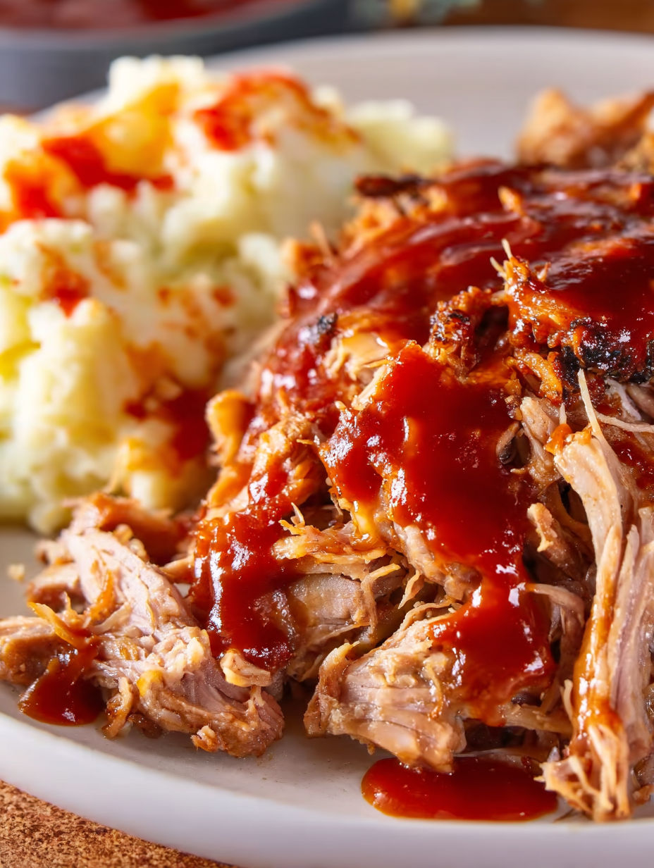 A plate of oven roasted pulled pork with barbecue sauce.