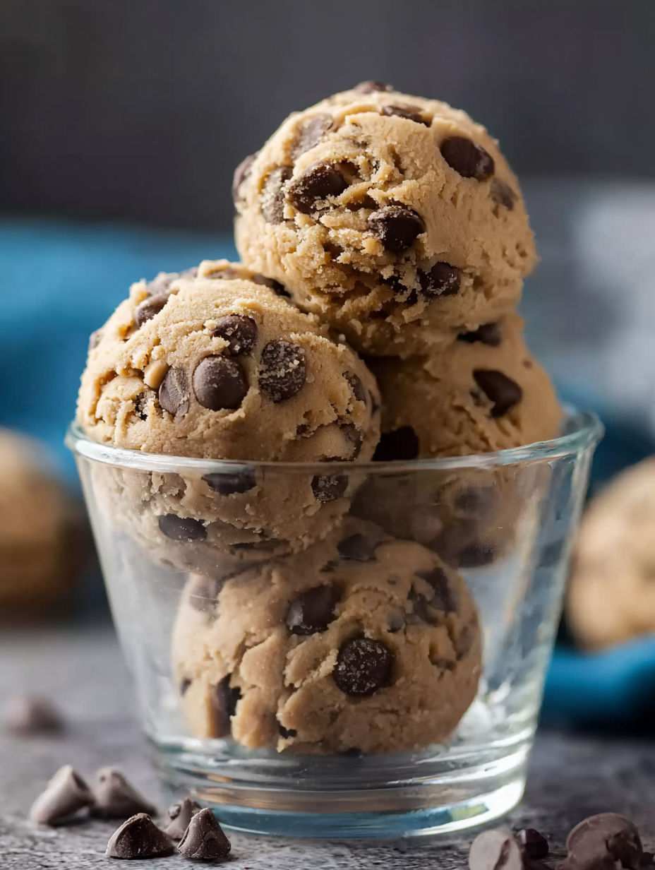 A glass bowl filled with chocolate chip cookies.