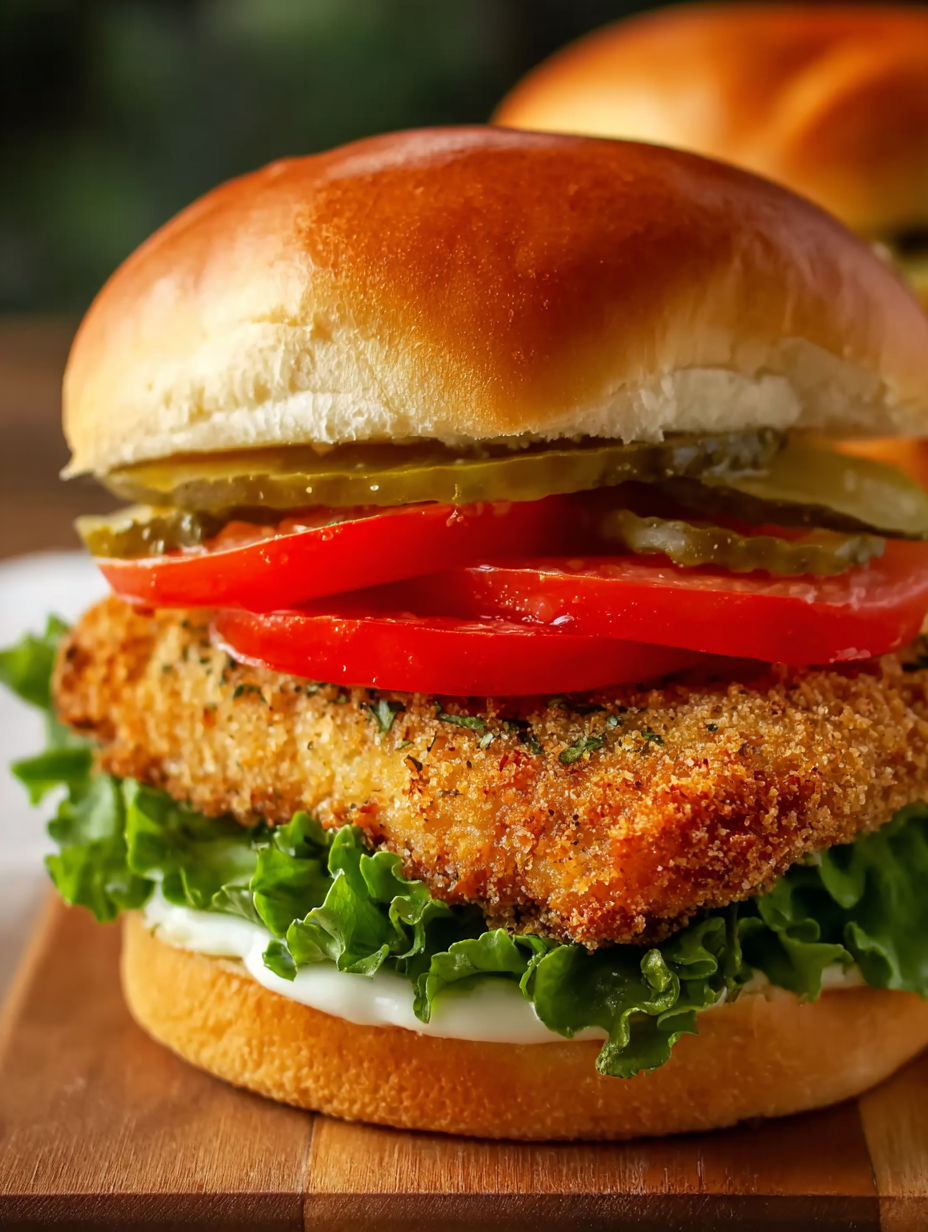 A sandwich with tomatoes, pickles, and chicken.