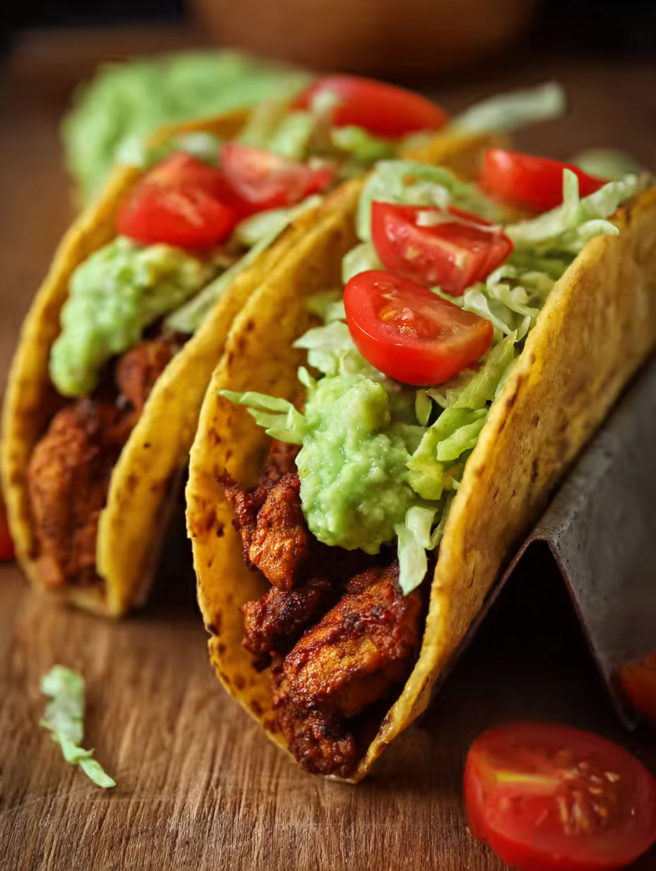 Two tacos with lettuce, tomatoes, and avocado.