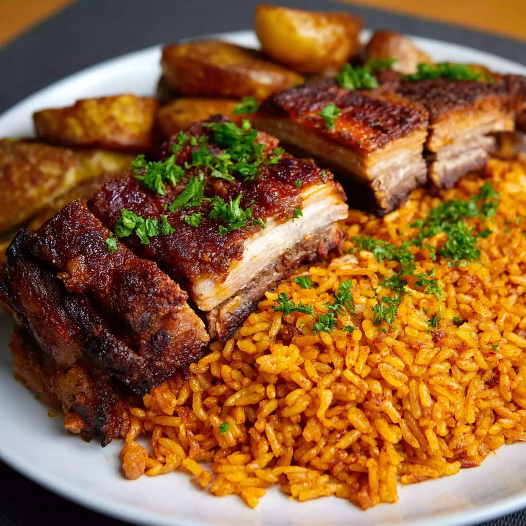 A plate of Puerto Rican roast pork with rice and potatoes.