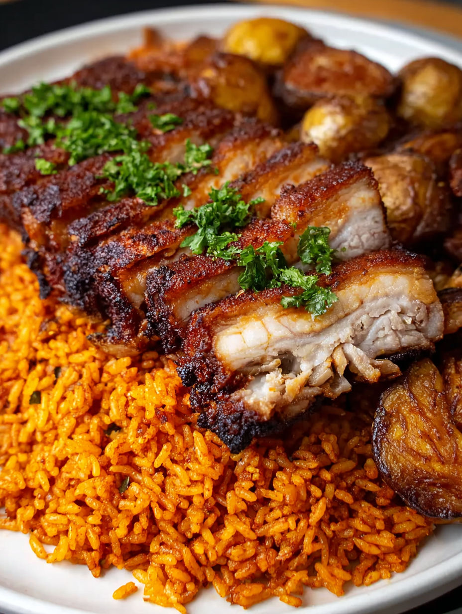 A plate of Puerto Rican roast pork with rice.