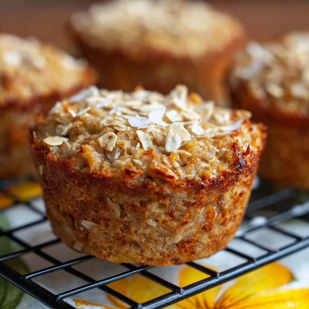 A single serving of pineapple coconut baked oatmeal.