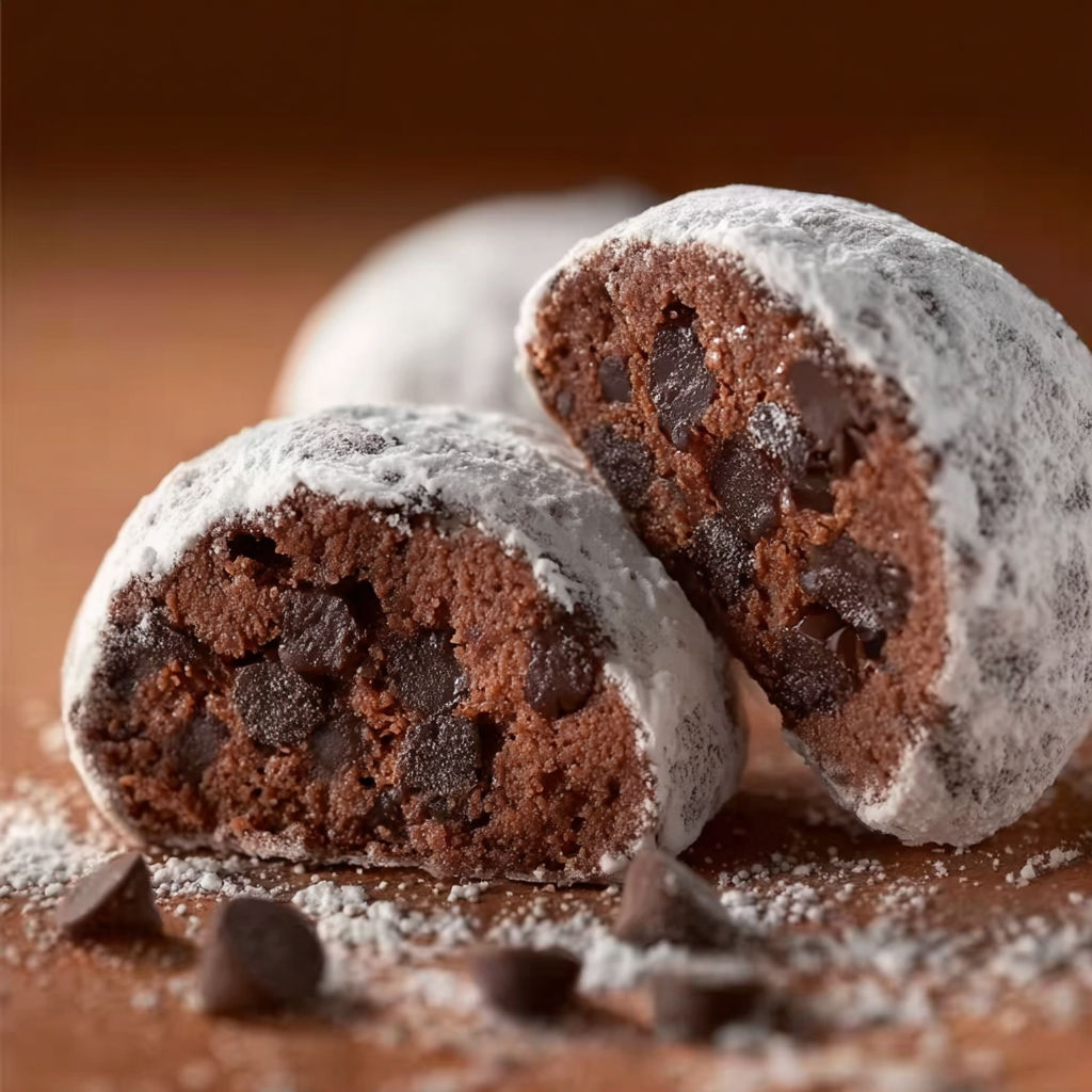 Two chocolate snowball cookies on a table.