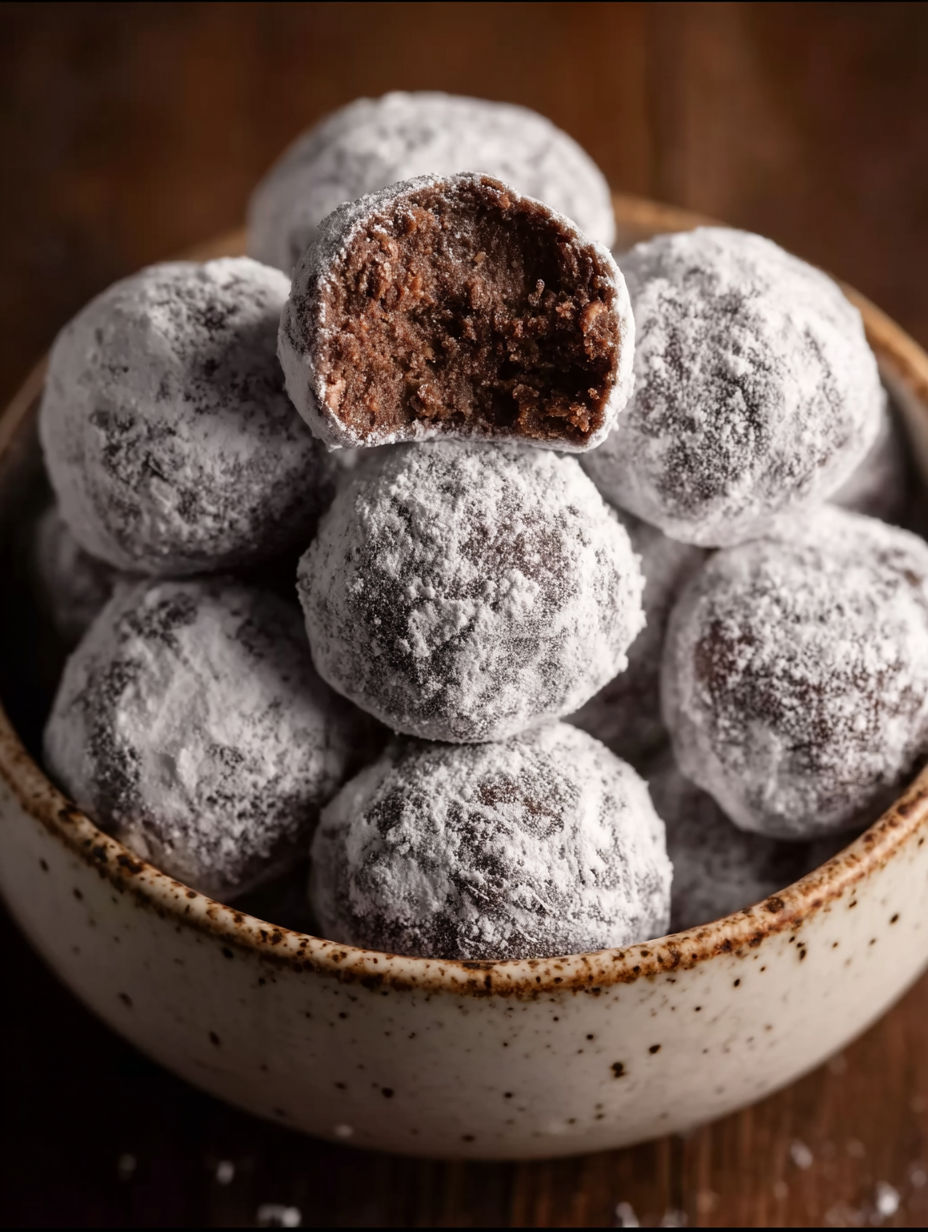 A bowl of powdered sugar covered chocolate balls.