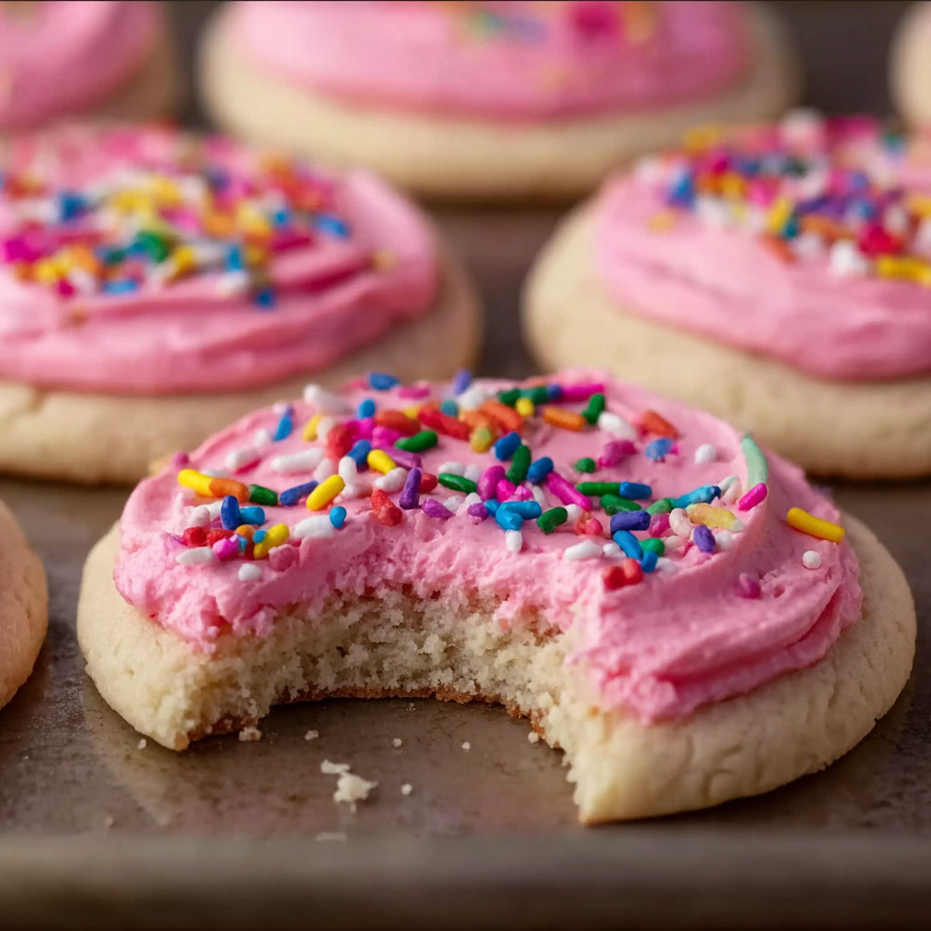 A cookie with pink frosting and sprinkles.