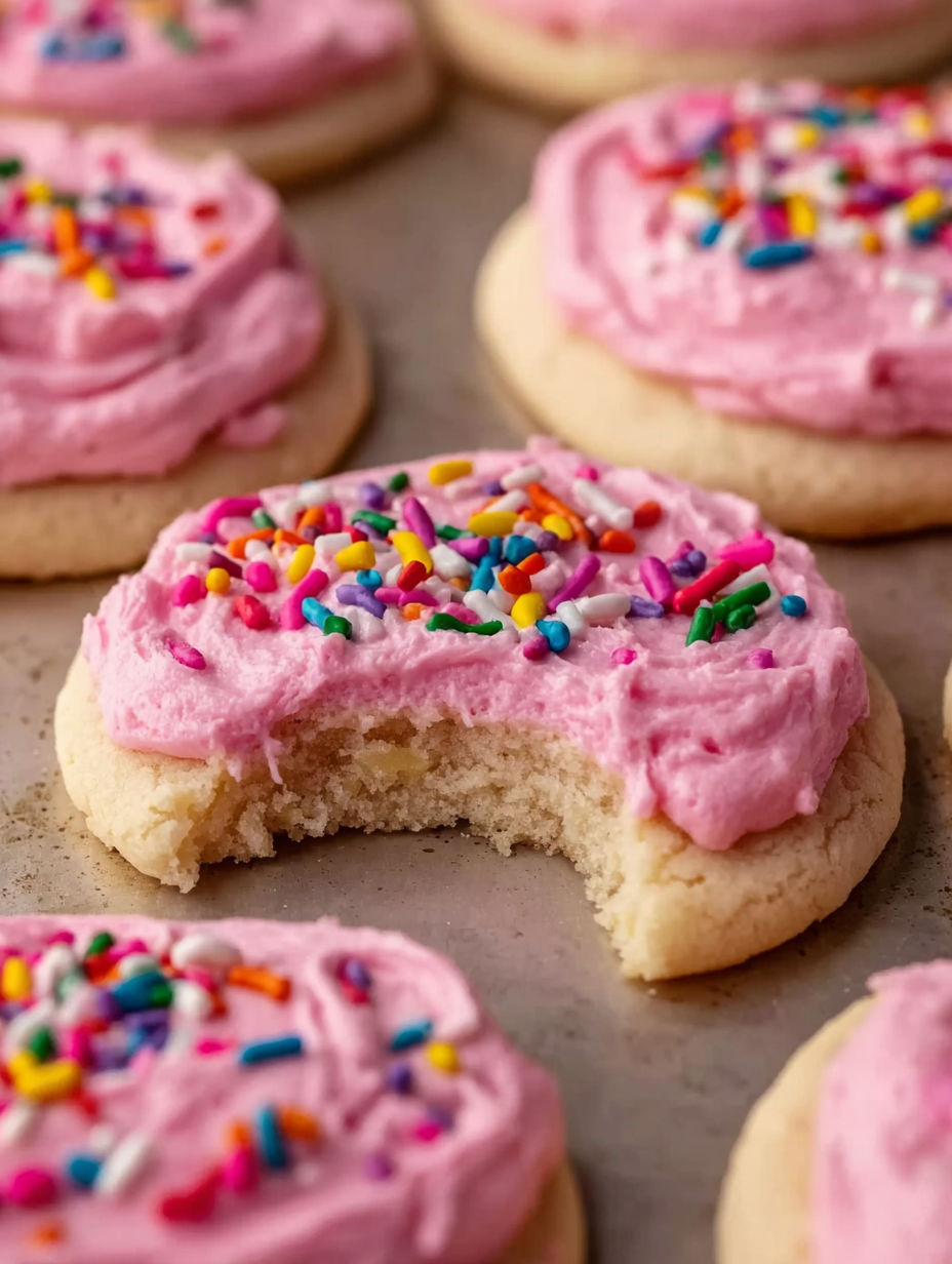 A pink frosted cookie with sprinkles.
