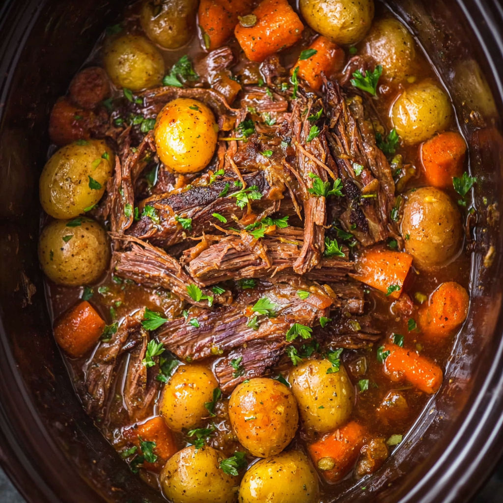 A pot of beef and vegetables.