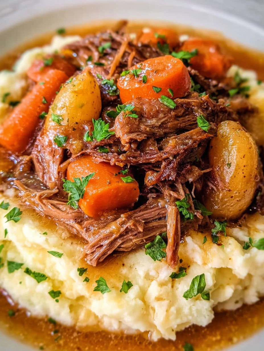 A delicious pot roast with carrots and potatoes.