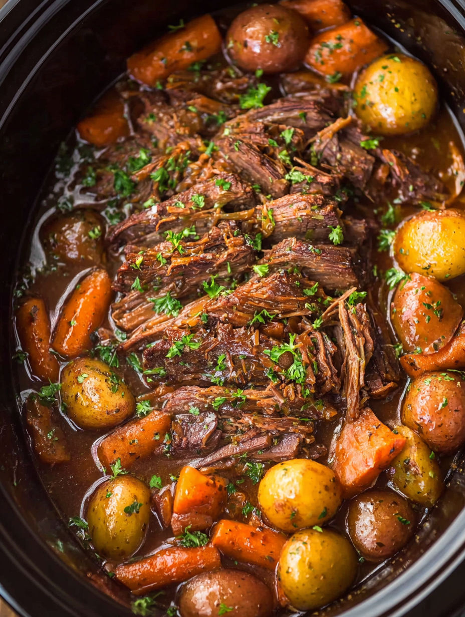 A pot roast in a crock pot with potatoes and carrots.