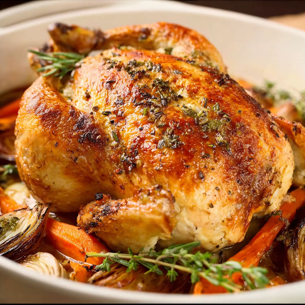 A whole roasted chicken with herbs and spices.