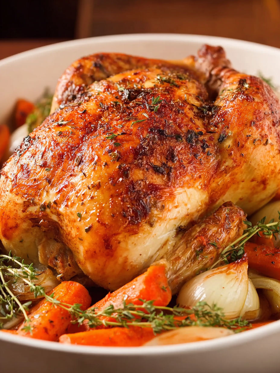 A close up of a roasted chicken with herbs and vegetables.