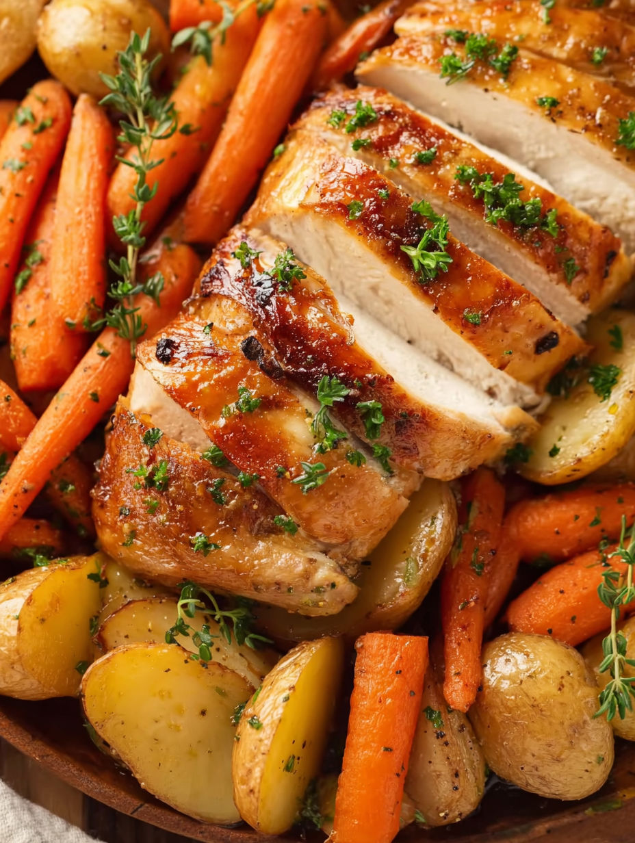 A close up of a piece of chicken with carrots and potatoes.