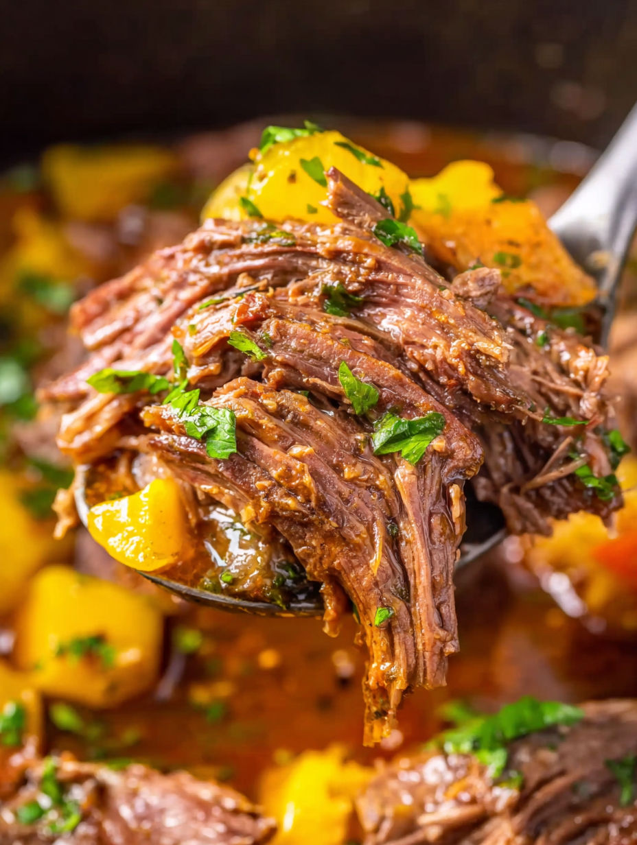 A spoon is filled with a delicious pot roast.