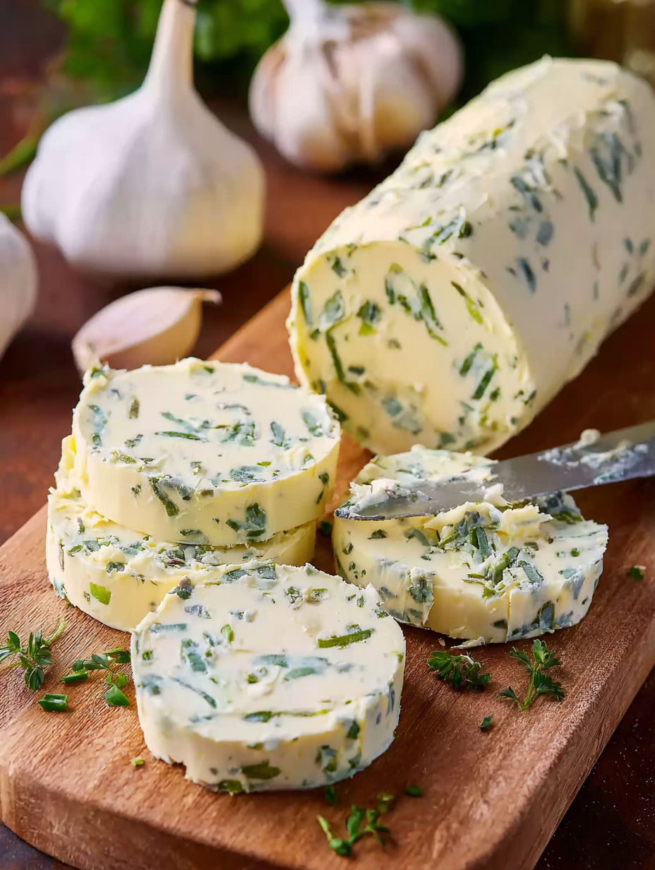 A wooden cutting board with a piece of garlic herb butter.