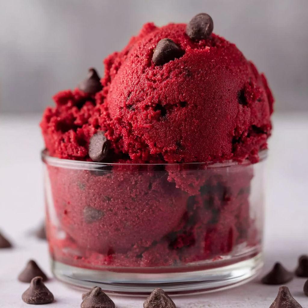 A glass bowl filled with red velvet ice cream.