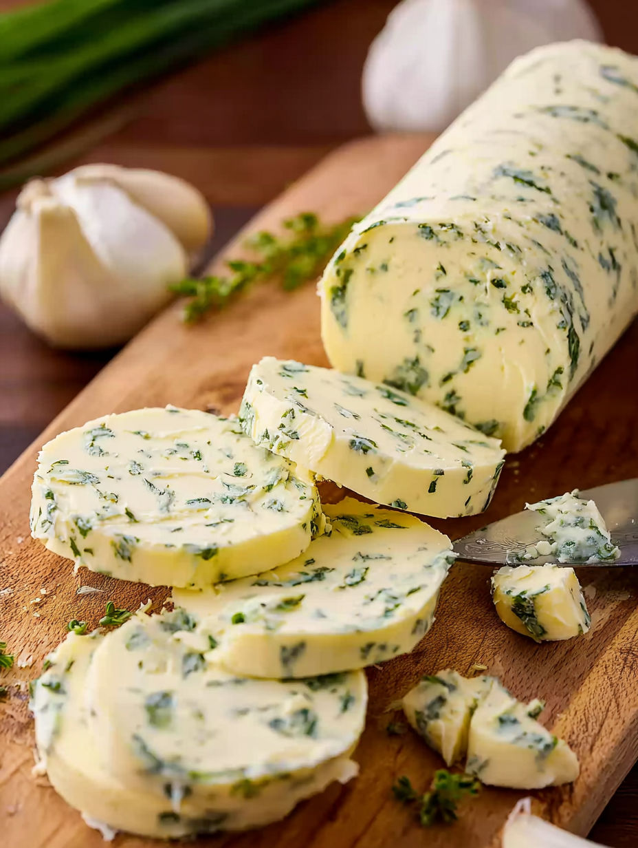 A wooden cutting board with a piece of garlic herb butter.