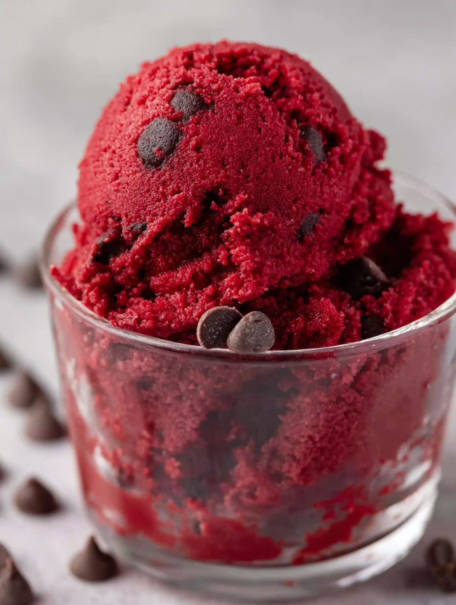 A close up of a red velvet ice cream.