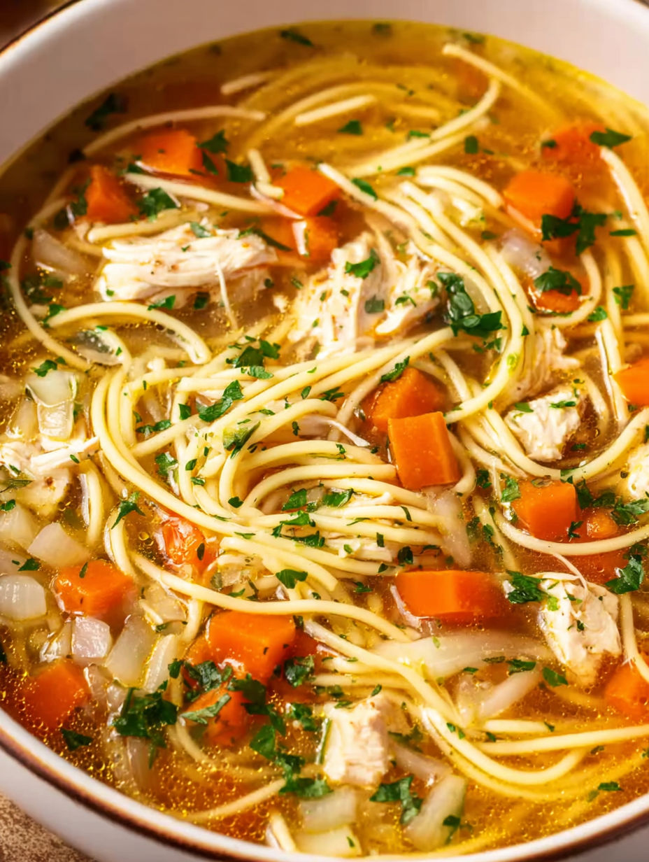 A bowl of soup with noodles and vegetables.