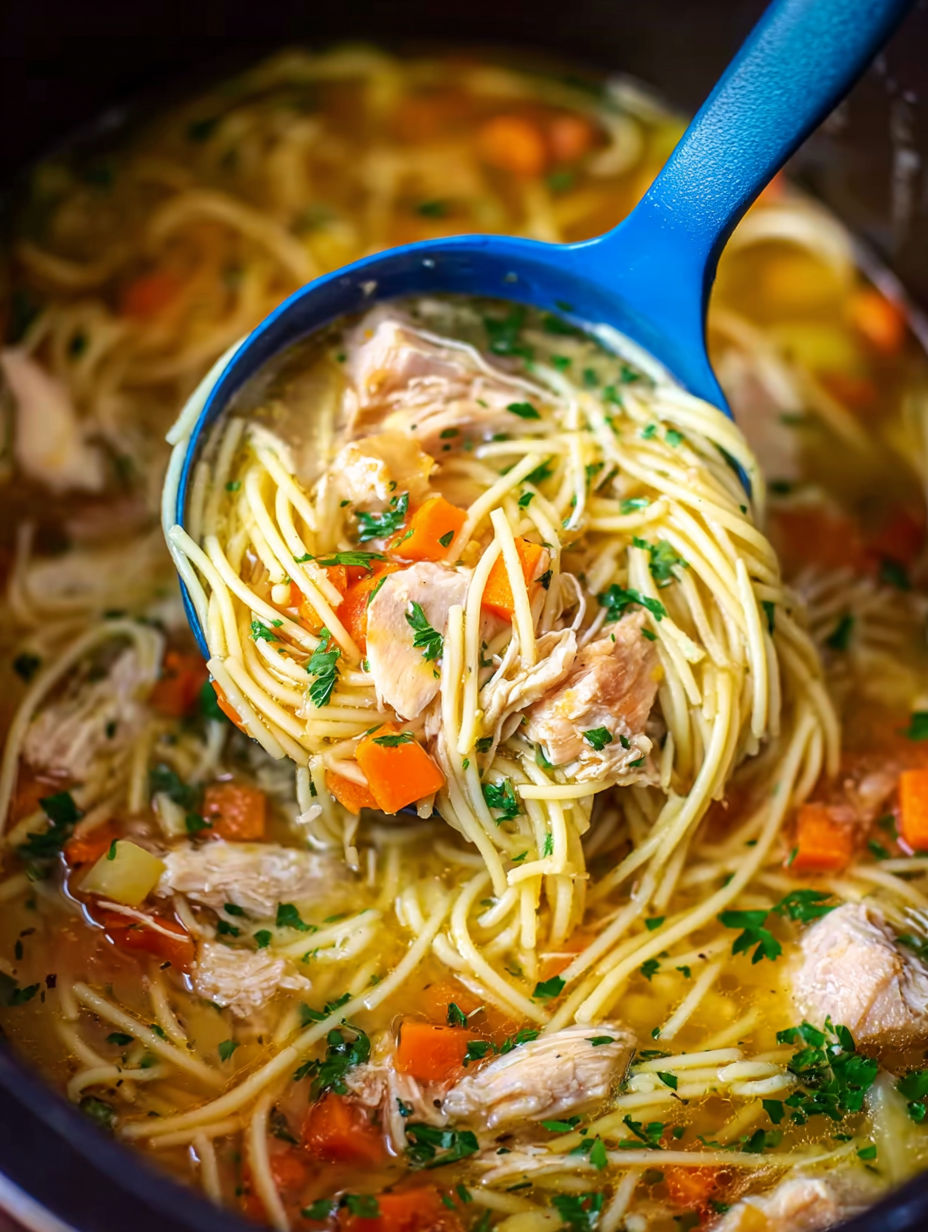 A spoonful of noodles with meat and vegetables.