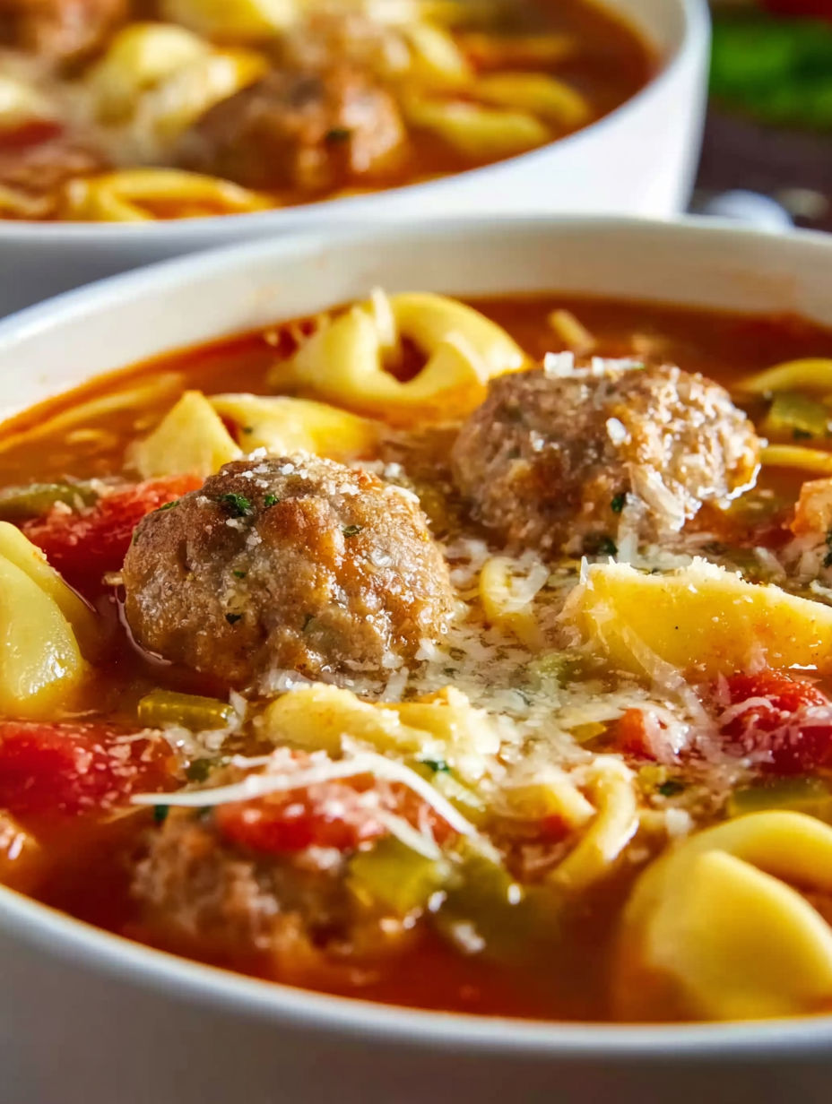 A bowl of meatball and tortellini soup.
