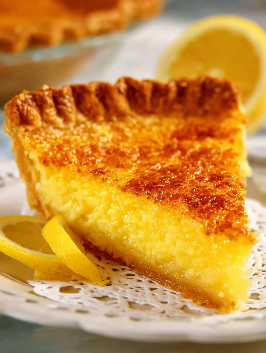 A slice of buttermilk pie with a lemon wedge on top.