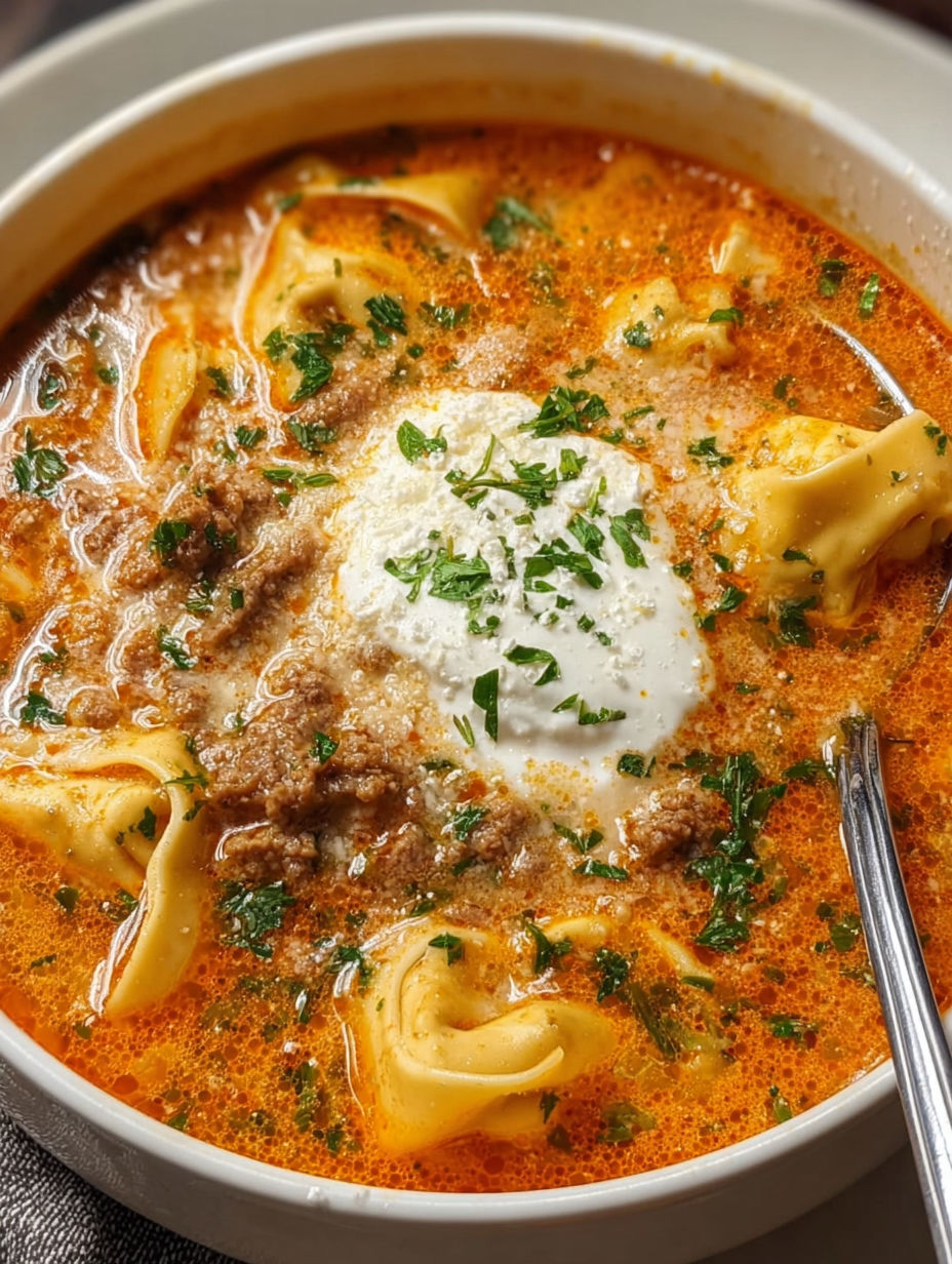 A bowl of meatball and tortellini soup.