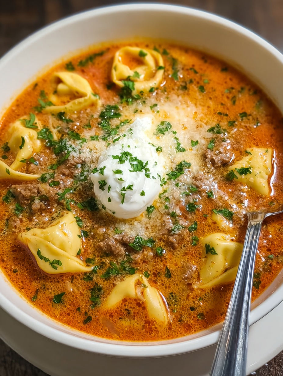 A bowl of meatball and tortellini soup.